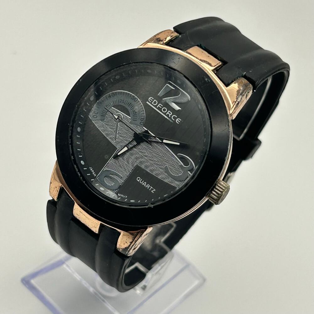 Edforce Men’s Quartz Watch with Rose-gold Accents Black Rubber Strap New Battery